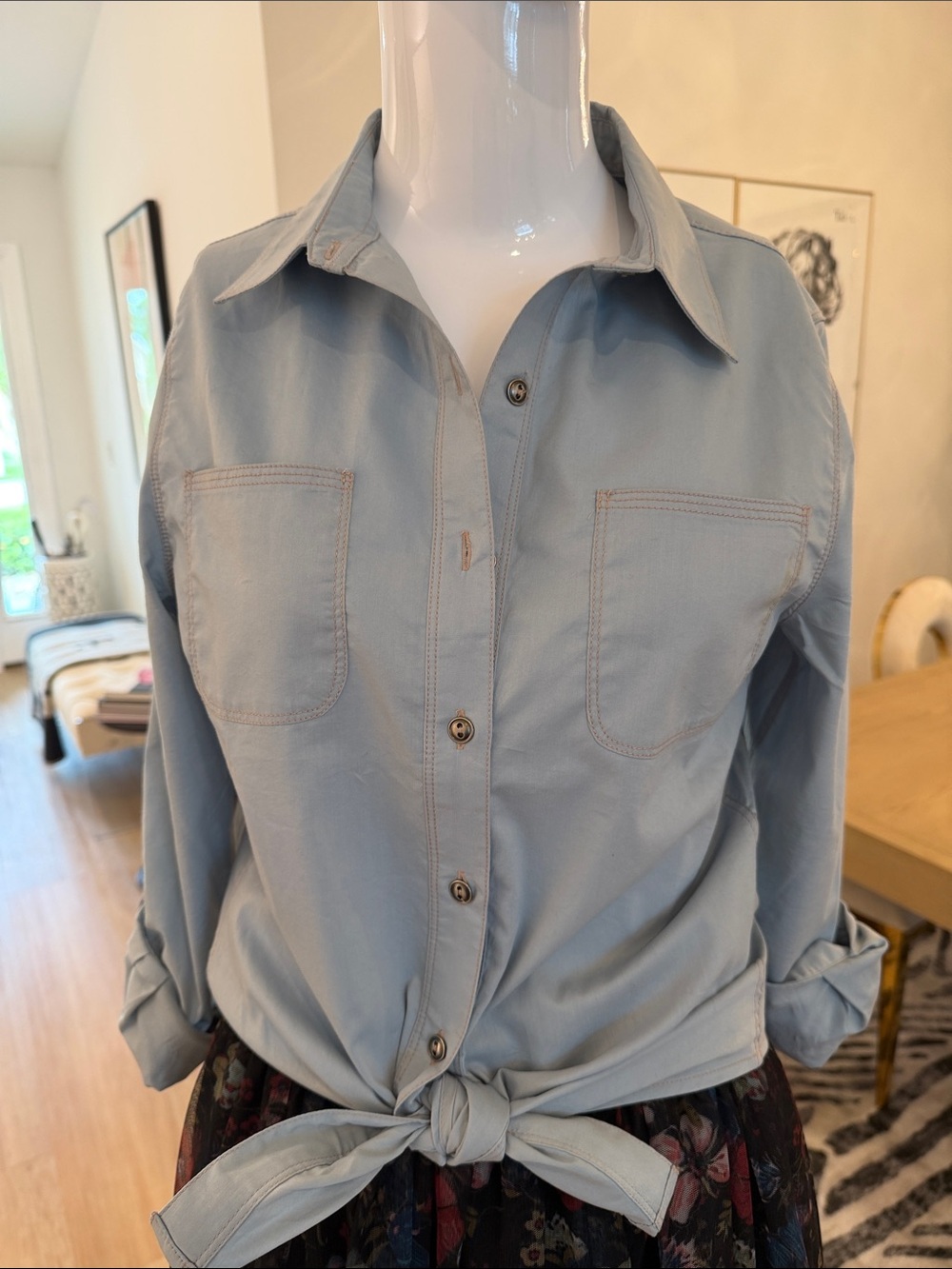 Wendy Williams Light Blue Cropped Denim Shirt